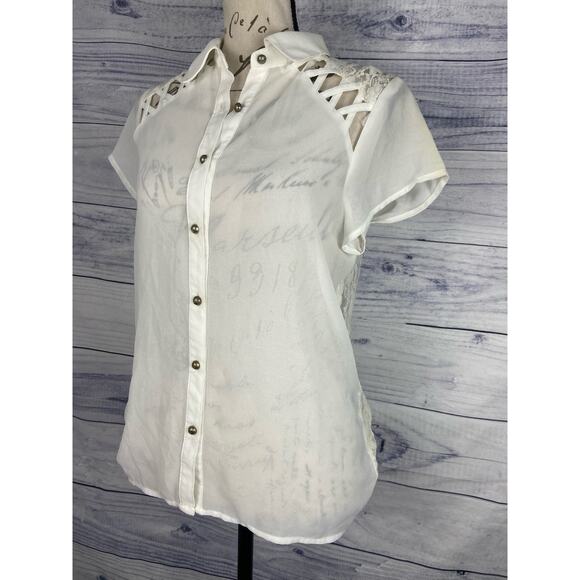 Uno Core Sheer Top Womens S Floral Lace Lattice Back Short Sleeves Collar White - Picture 2 of 10
